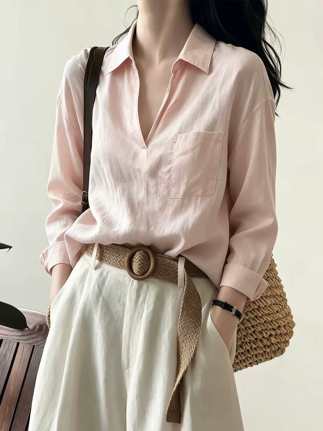 오래된 돈 바람 레트로 라미 V넥 자외선 차단 긴팔 여성 셔츠 여름 캐주얼 루즈핏 다용도 출퇴근 셔츠 맨위 상세 이미지 3