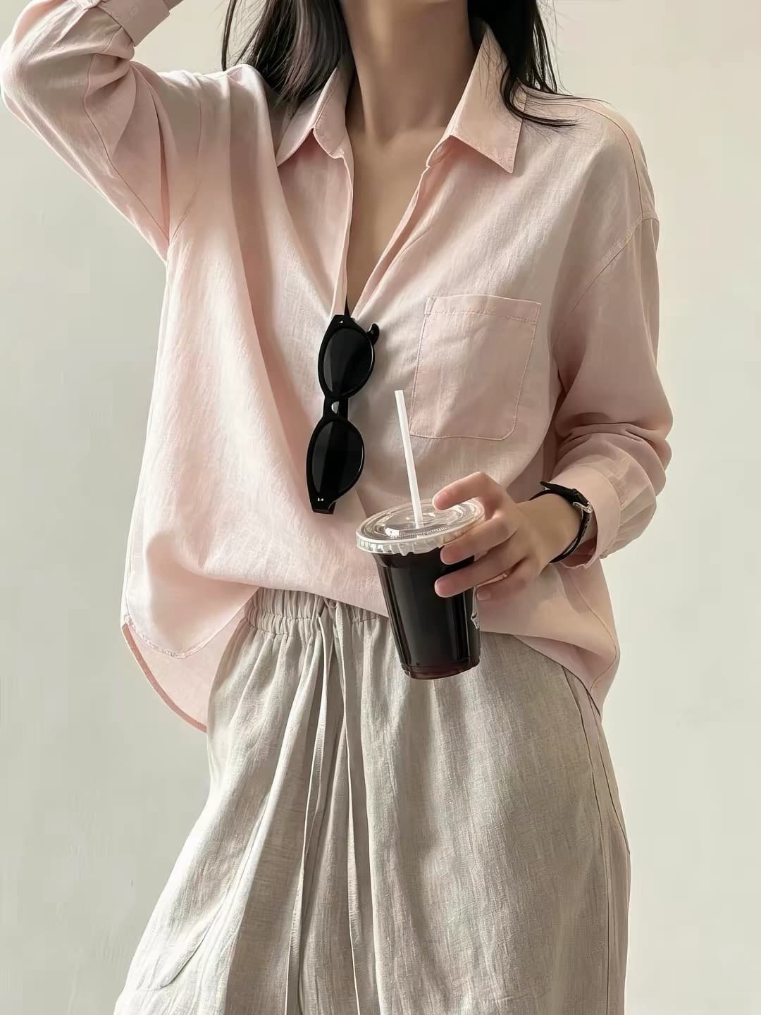 오래된 돈 바람 레트로 라미 V넥 자외선 차단 긴팔 여성 셔츠 여름 캐주얼 루즈핏 다용도 출퇴근 셔츠 맨위 상세 이미지 5