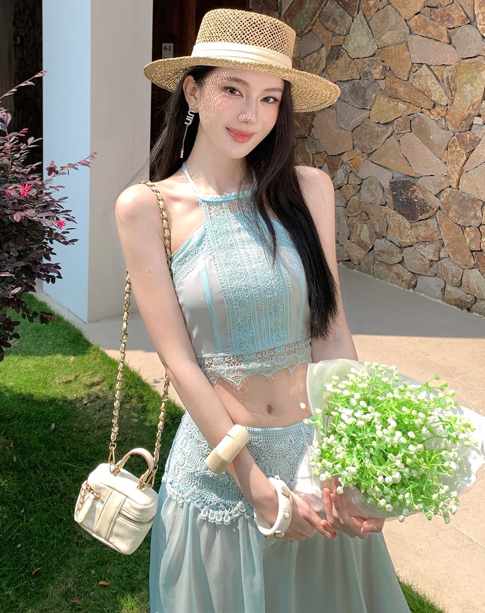 무거운 작업 레이스 조각 행침 목 슬립 쉬폰 행침 목 슬립 물 용해 레이스 반 스커트 세트 휴가 치마 이미지 4
