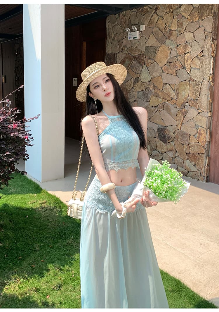 무거운 작업 레이스 조각 행침 목 슬립 쉬폰 행침 목 슬립 물 용해 레이스 반 스커트 세트 휴가 치마 상세 이미지 16
