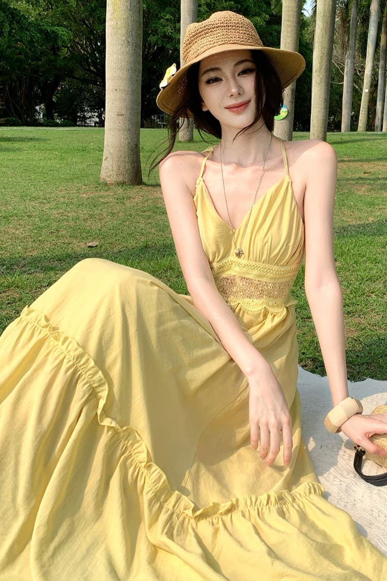 행침 목 백리스 드레스 섹시함 순수한 욕망 바람 품격 분위기 센스 해변가 해변 롱 스커트 이미지 6