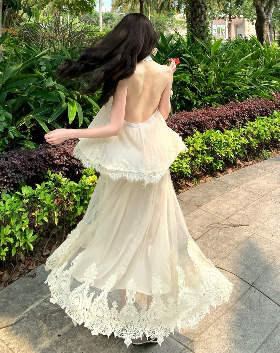 Breeze 향수 해변가 휴가 바람 백리스 무거운 작업 품격 행침 목 쉬폰 드레스 플리츠 스커트 민소매 롱 스커트 이미지 4
