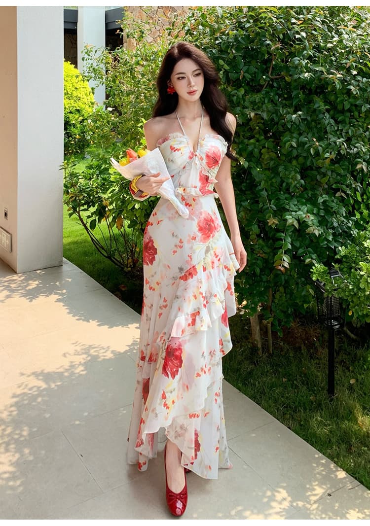 꽃무늬 행침 목 여성 드레스 2026 여름 새로운 쉬폰 프린트 롱 스커트 휴가 바람 프릴 드레스 상세 이미지 8