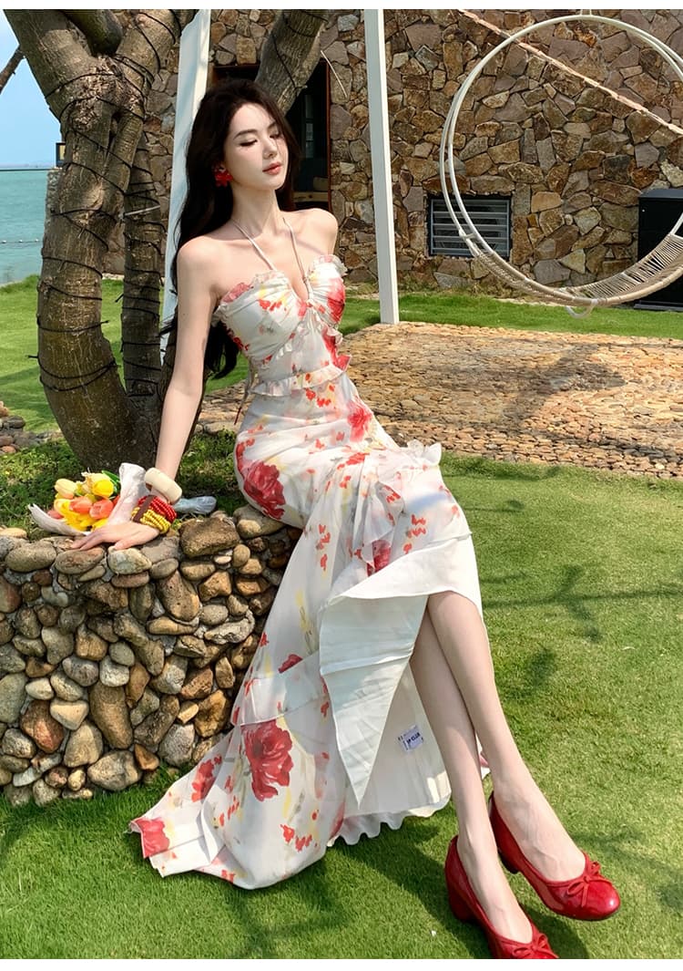 꽃무늬 행침 목 여성 드레스 2026 여름 새로운 쉬폰 프린트 롱 스커트 휴가 바람 프릴 드레스 상세 이미지 14