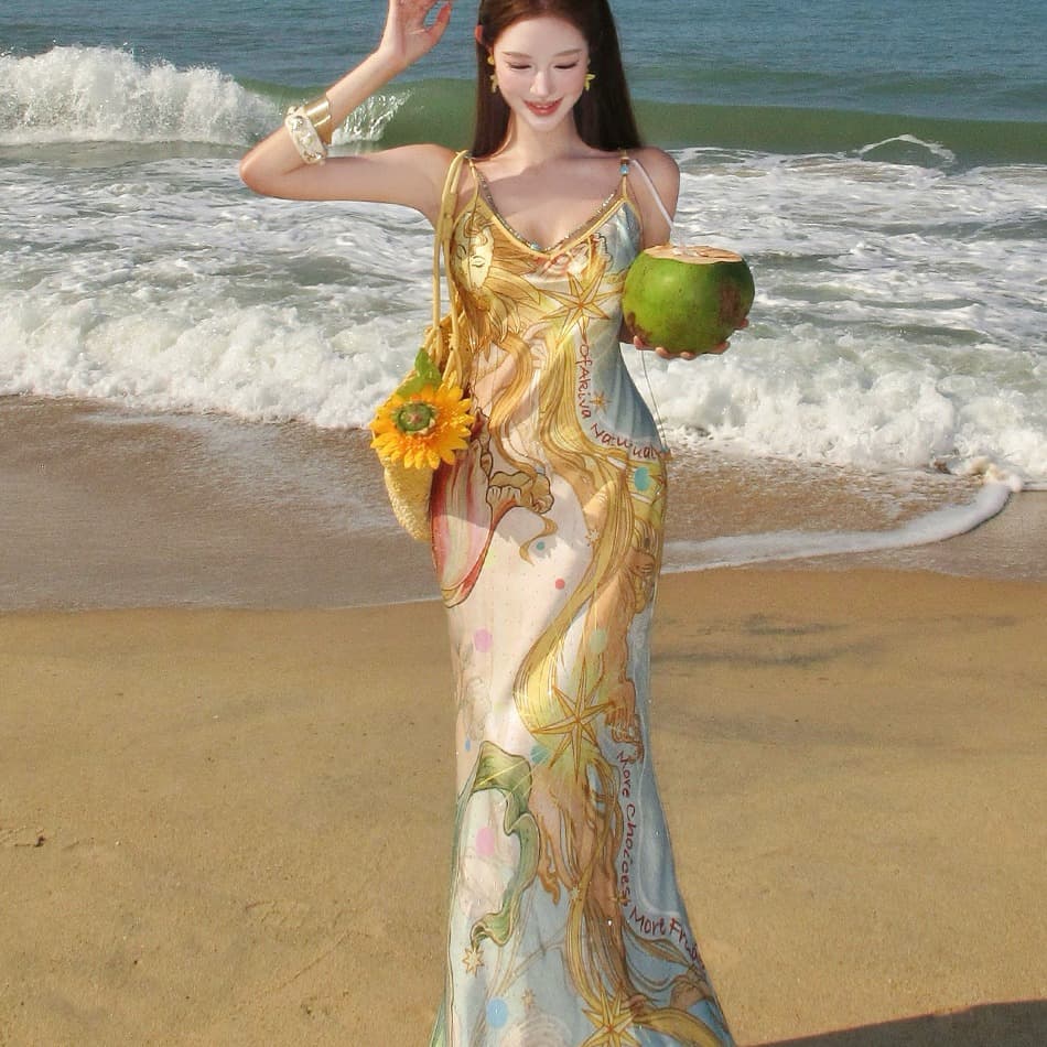 빛나다 신비주의 프린트 핫픽스 비즈 여성 드레스 V넥 슬립 롱 스커트 프린트 슬립 여성 드레스 이미지 6