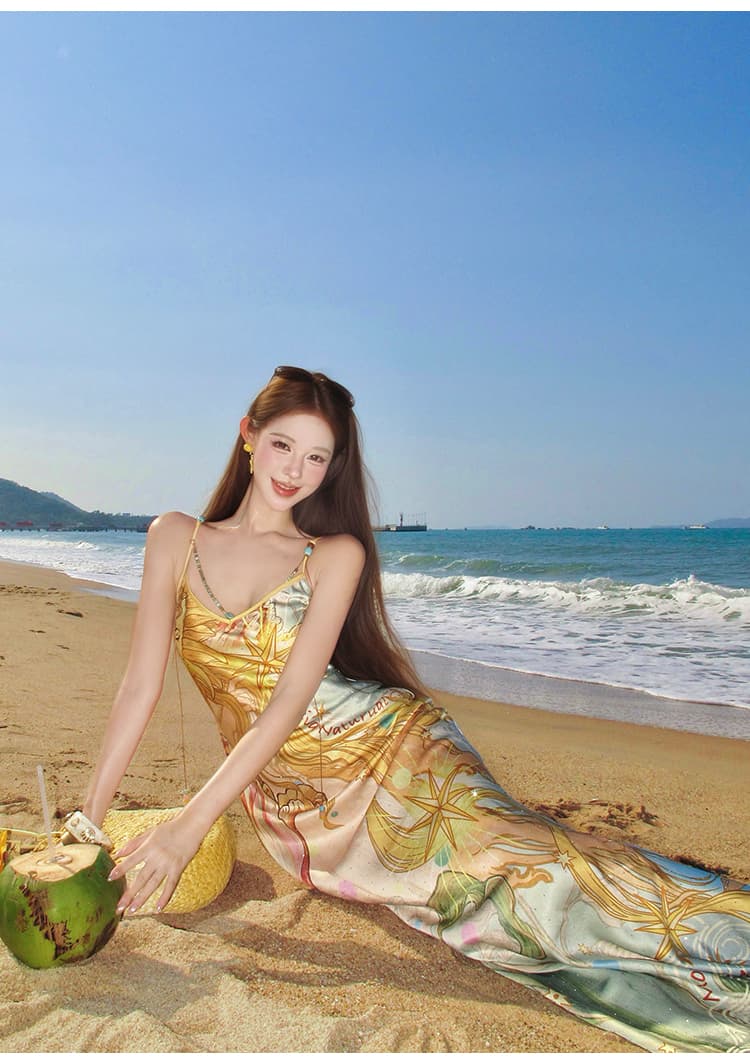 빛나다 신비주의 프린트 핫픽스 비즈 여성 드레스 V넥 슬립 롱 스커트 프린트 슬립 여성 드레스 상세 이미지 13