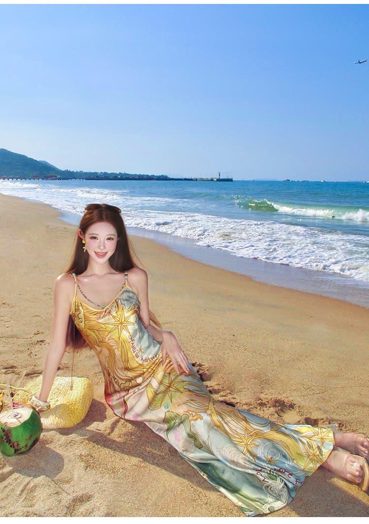빛나다 신비주의 프린트 핫픽스 비즈 여성 드레스 V넥 슬립 롱 스커트 프린트 슬립 여성 드레스 상세 이미지 17