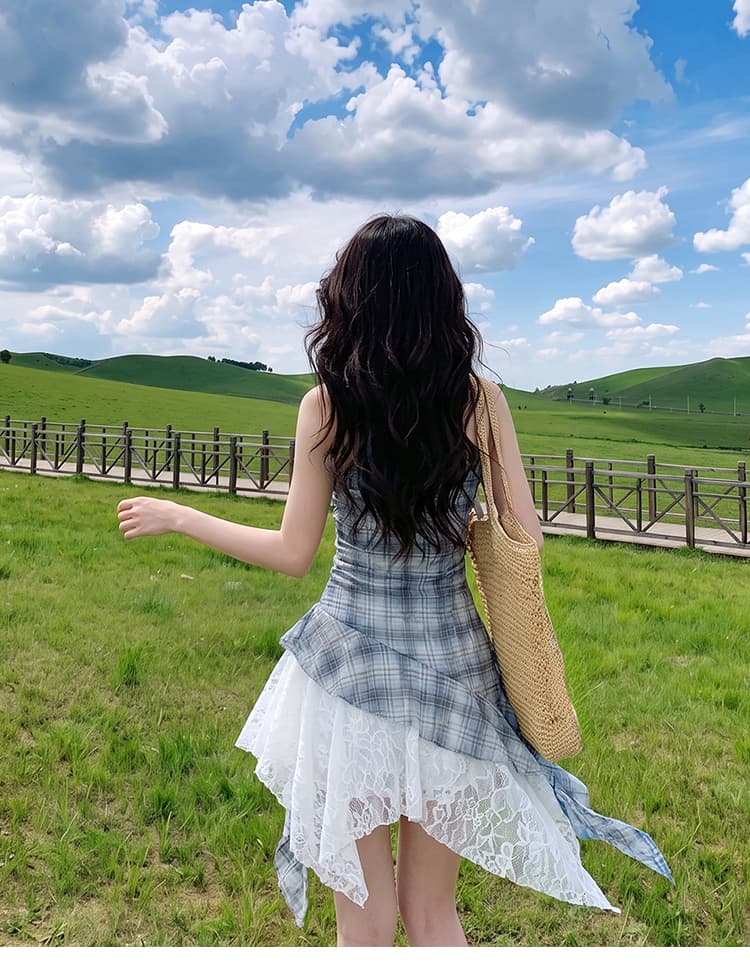 추안 웨스트 신강 초원 세트 착용 가져 가라. 파란색 불규칙 슬립 여성 드레스 여름 화이트 불규칙 반 스커트 상세 이미지 8