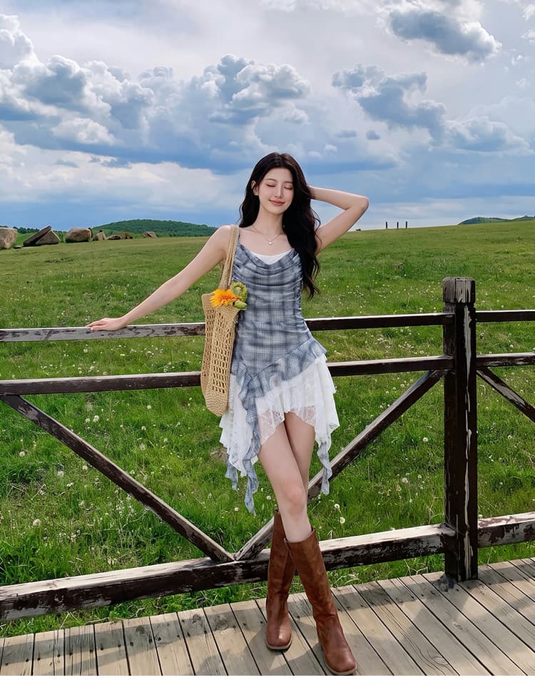 추안 웨스트 신강 초원 세트 착용 가져 가라. 파란색 불규칙 슬립 여성 드레스 여름 화이트 불규칙 반 스커트 상세 이미지 9