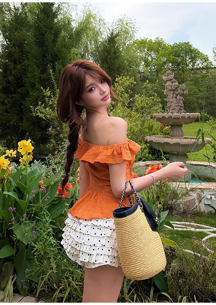도파민 착용 가져 가라. 한여름 달콤한 오렌지색 활력 디스플레이 화이트 여성 프랑스식 프릴 칼라 몸매 가꾸기 셔츠 경기 멜라루카 짧은 케이크 드레스 상세 이미지 22