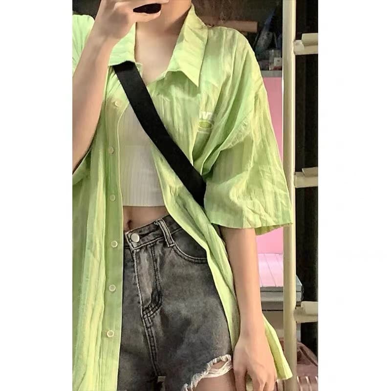 chic 한 부서 슈퍼 화재 녹색 반팔 여성 셔츠 여름 중성 바람 커플 섹션 디자인 센스 작은 대중 Chic 셔츠 이미지 3