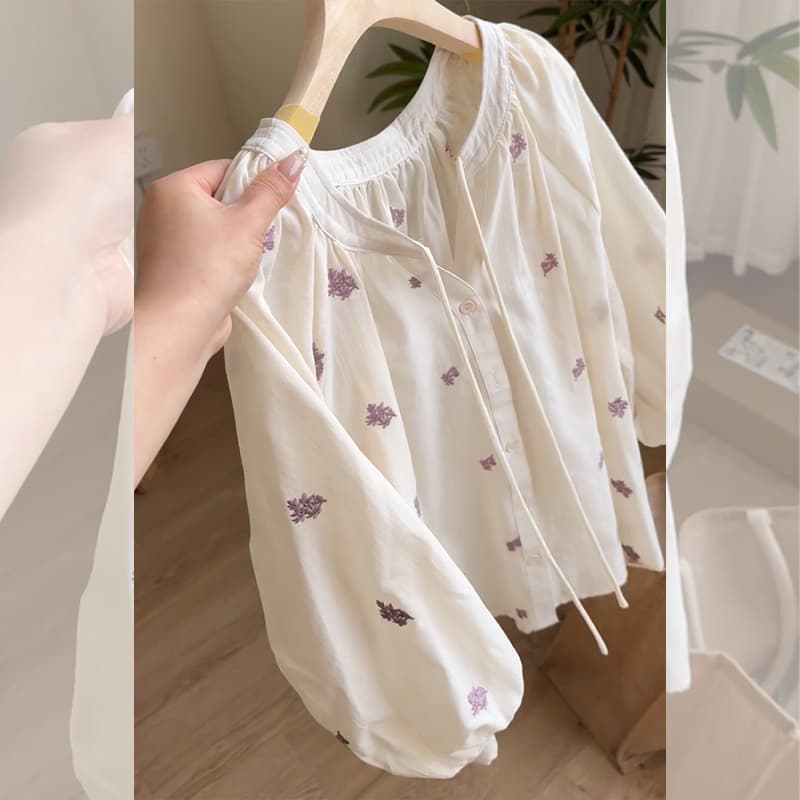 프랑스식 라운드 넥 전원 바람 꽃 레이스업 여성 셔츠 봄 가을 새로운 루즈핏 슬림해 보이는 셔츠 다용도 맨위 이미지 3