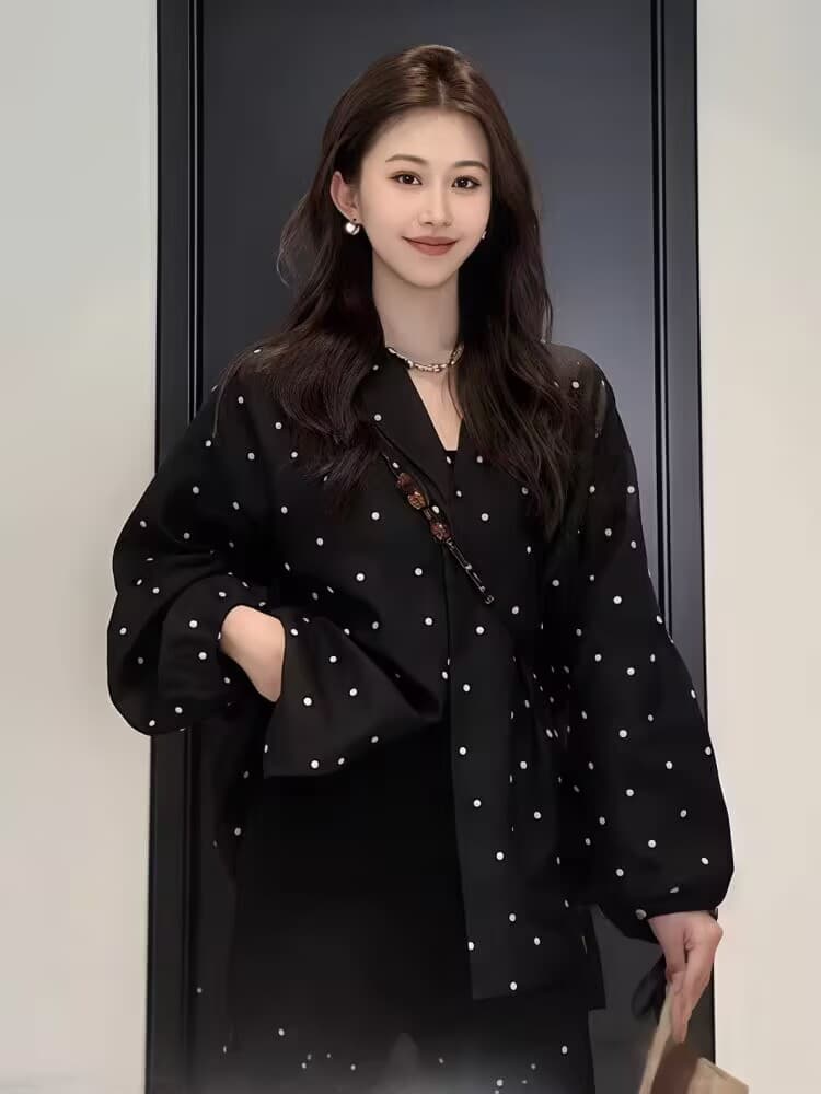 익스트림 제인 태도 아마 작은 대중 외국 가스 벌룬 소매 패션 검정색 도트 무늬 긴팔 셔츠 여성 셔츠 이미지 2