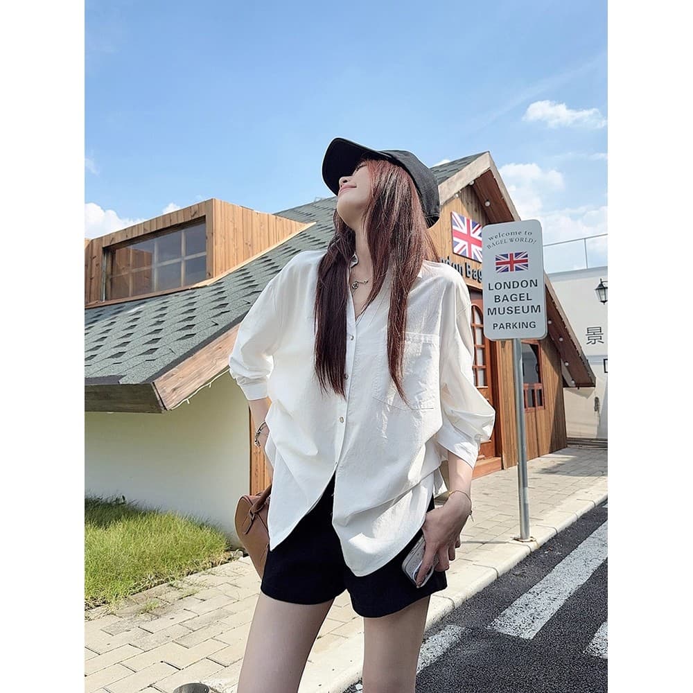 한 부서 디자인 V넥 거품 소매 화이트 셔츠 여성 의류 이른 가을 새로운 오래된 돈 바람 루즈핏 슬림해 보이는 허리 수축 맨위