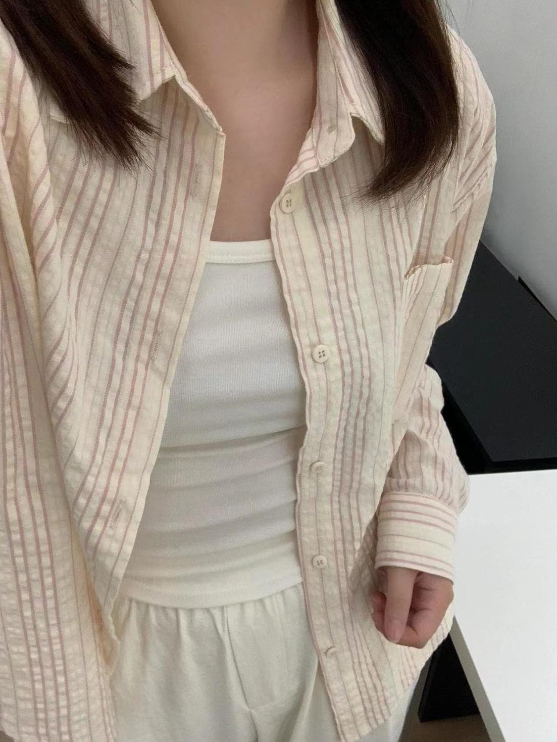 스트라이프 셔틀 제직 프랑스식 POLO 칼라 스트라이프 셔츠 디자인 센스 작은 대중 맨위 한 부서 스타일 셔츠 여성 이미지 2