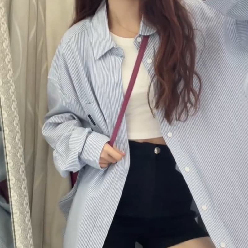 이른 가을 한 부서 chic 다용도 긴팔 여성 셔츠 디자인 센스 고급 센스 파란색 스트라이프 셔츠 루즈핏 맨위 상세 이미지 1