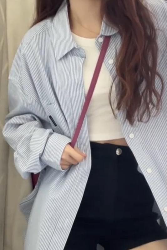 이른 가을 한 부서 chic 다용도 긴팔 여성 셔츠 디자인 센스 고급 센스 파란색 스트라이프 셔츠 루즈핏 맨위 상세 이미지 6