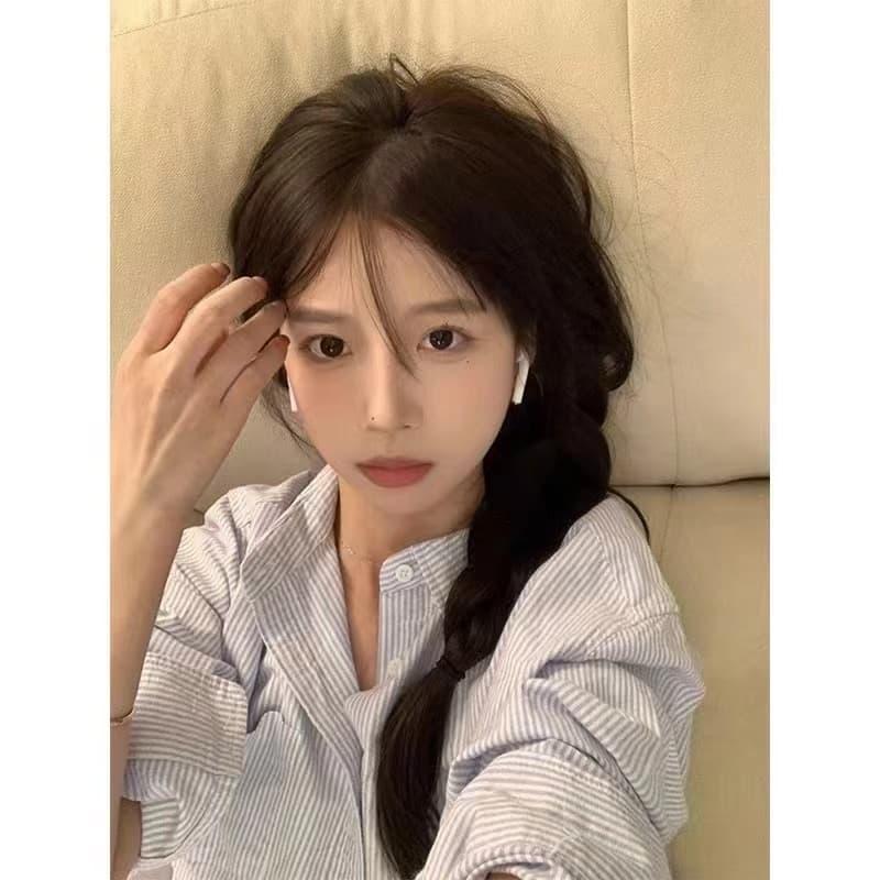 2026 가을 새로운 루즈핏 마이크로 ~을 통해 면 린넨 어둠 스트라이프 얇은 셔츠 상세 이미지 5