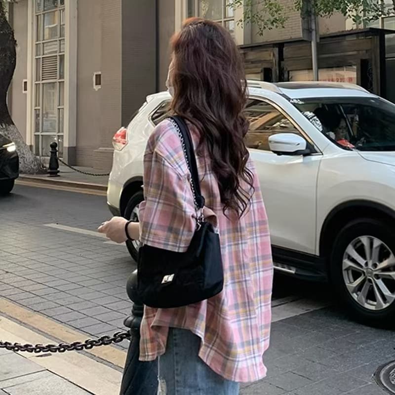핑크색 체크무늬 여성 셔츠 oversize 봄 루즈핏 반팔 셔츠 배색 맨위 일본식 레트로 재킷 상세 이미지 3