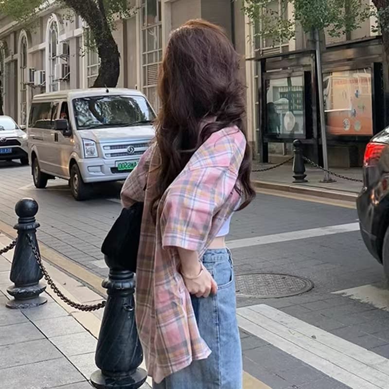핑크색 체크무늬 여성 셔츠 oversize 봄 루즈핏 반팔 셔츠 배색 맨위 일본식 레트로 재킷 상세 이미지 4