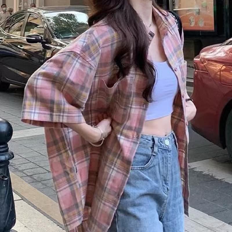 핑크색 체크무늬 여성 셔츠 oversize 봄 루즈핏 반팔 셔츠 배색 맨위 일본식 레트로 재킷 상세 이미지 5