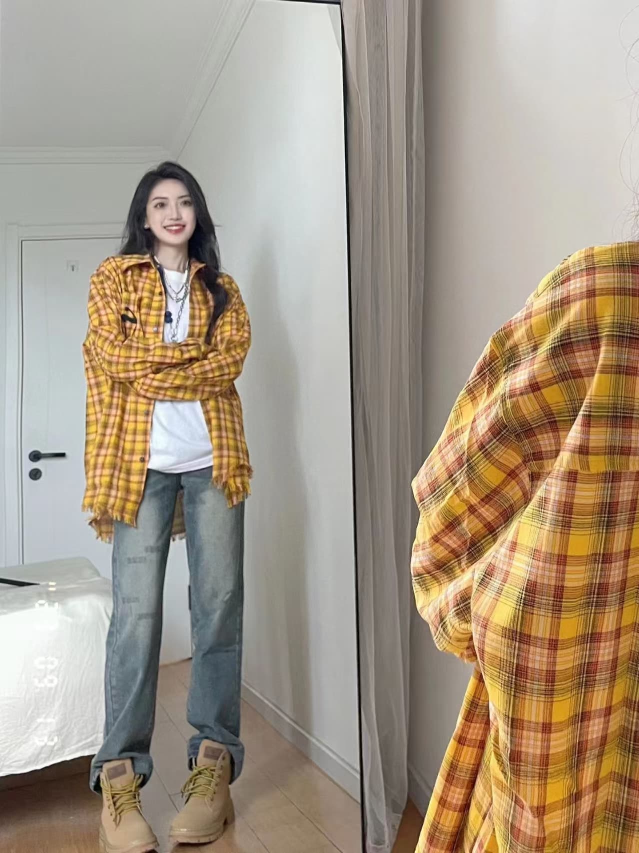 바 아민 황색 격자 무늬 셔츠 밑단 측면 파괴 오픈 가디건 긴팔 얇은 맨위 재킷 상세 이미지 4