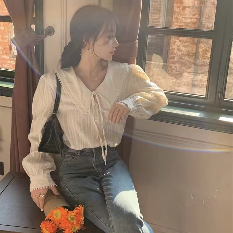 프랑스식 달콤함 베이비 칼라 만나는 여성 셔츠 디자인 센스 작은 대중 부드러운 바람 인사이드 가져 가라. 셔츠 가을 Chic 맨위 상세 이미지 2