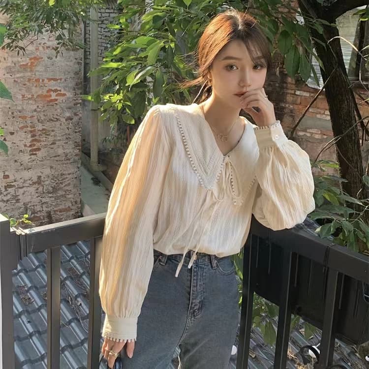 프랑스식 달콤함 베이비 칼라 만나는 여성 셔츠 디자인 센스 작은 대중 부드러운 바람 인사이드 가져 가라. 셔츠 가을 Chic 맨위 상세 이미지 3
