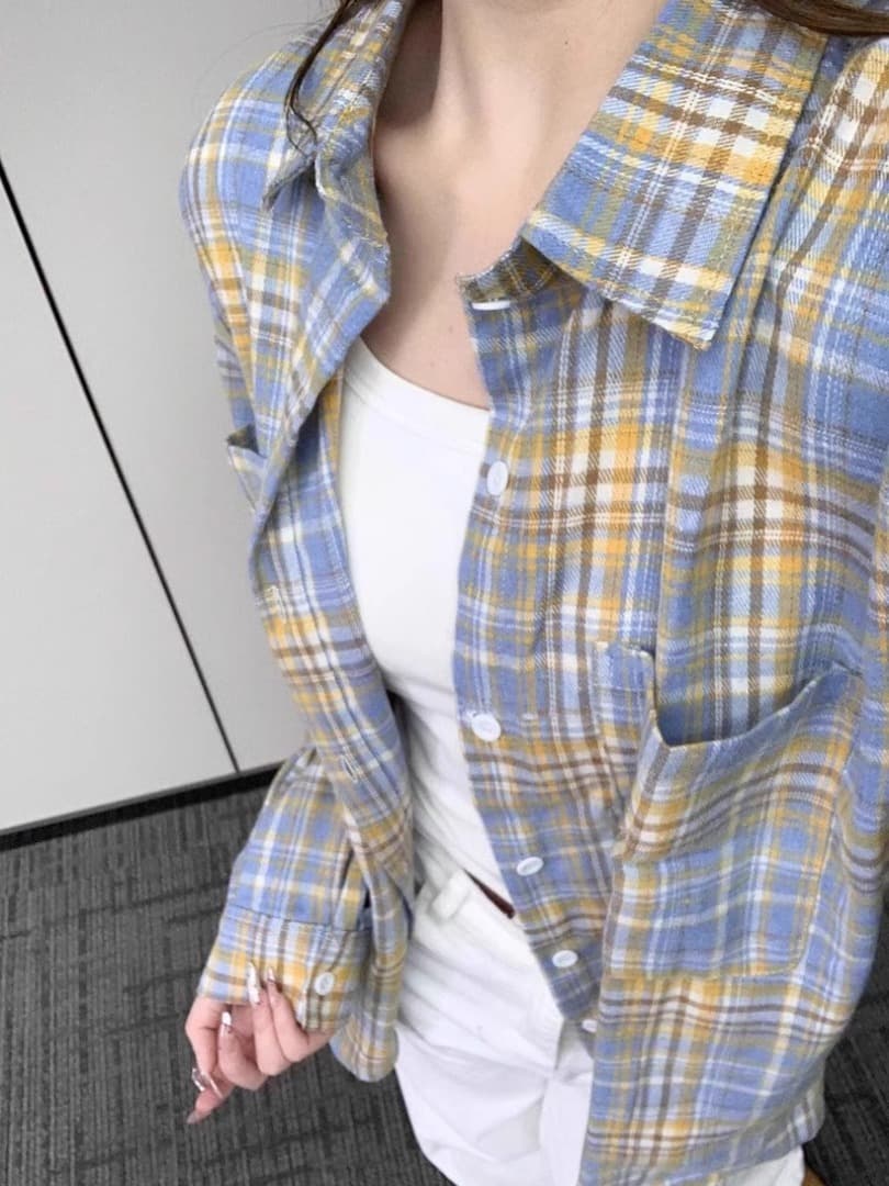 원본 것 두 주머니 도파민 달콤함 우유 황색 순면 체크무늬 여성 셔츠 상세 이미지 5