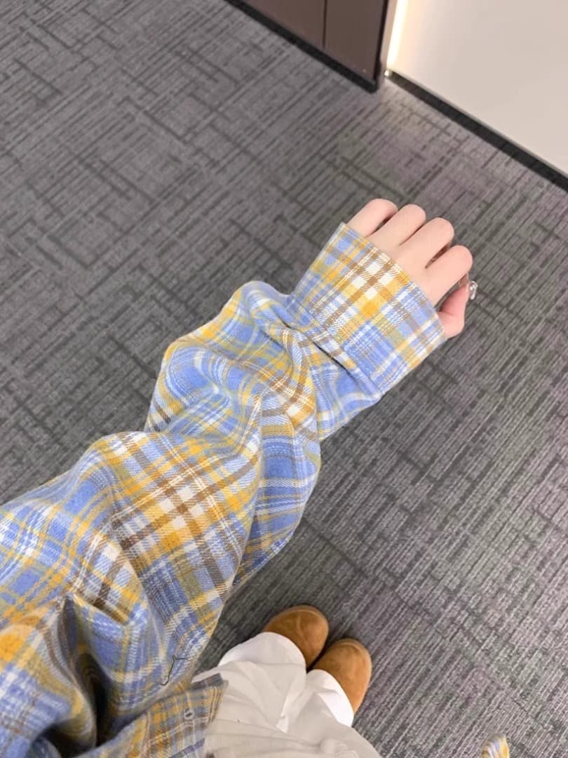 원본 것 두 주머니 도파민 달콤함 우유 황색 순면 체크무늬 여성 셔츠 상세 이미지 6