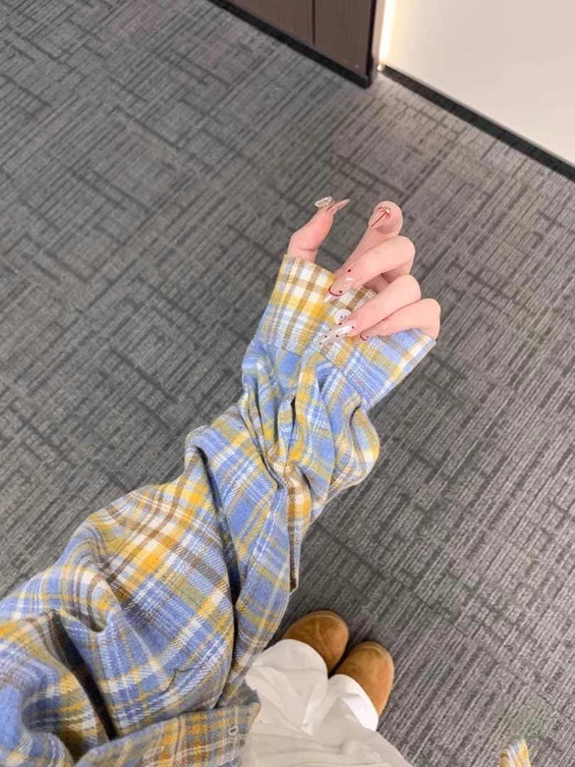 원본 것 두 주머니 도파민 달콤함 우유 황색 순면 체크무늬 여성 셔츠 상세 이미지 8