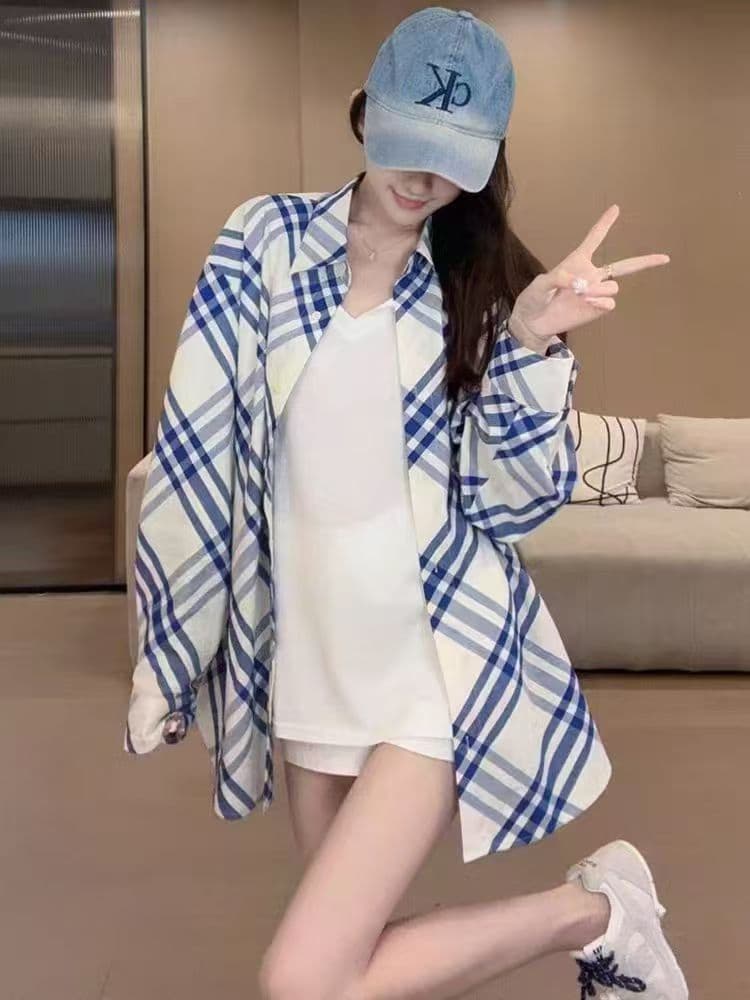 파란색 체크무늬 여성 셔츠 가을 얇은 스타일 2026 새로운 중간 길이 루즈핏 맨위 여성 코트 봄과 가을 상세 이미지 2