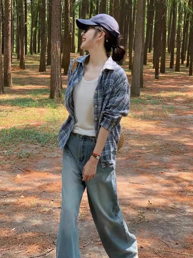 가을 켜기 새로운 프랑스식 체크무늬 얇은 스타일 긴팔 여성 셔츠 이른 가을 얇은 스타일 오픈 가디건 셔츠 재킷 디자인 센스 상세 이미지 3