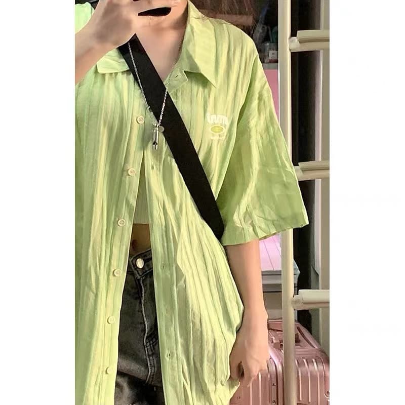 chic 한 부서 슈퍼 화재 녹색 반팔 여성 셔츠 여름 중성 바람 커플 섹션 디자인 센스 작은 대중 Chic 셔츠 상세 이미지 5