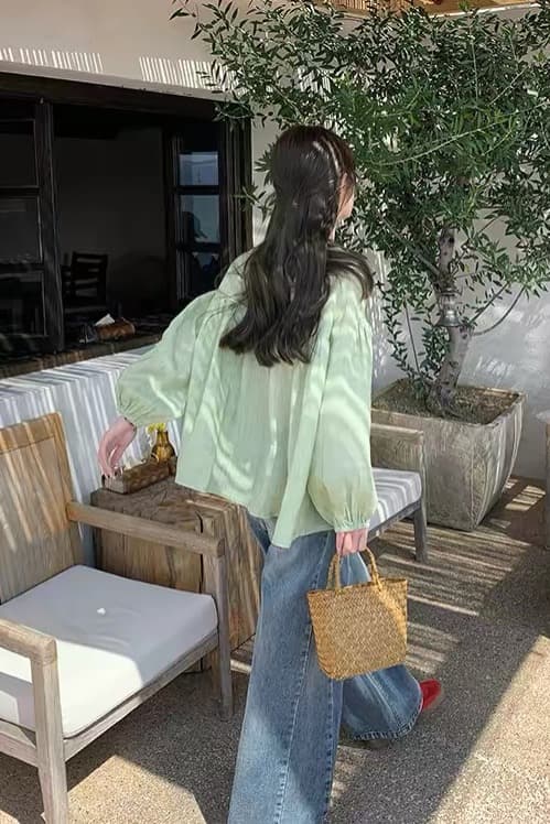 yoursjin 이른 봄 녹색 라미 주간 실크 인형 셔츠 셔츠 루즈핏 얇고 가벼운 통기성 디스플레이 화이트 이미지 5