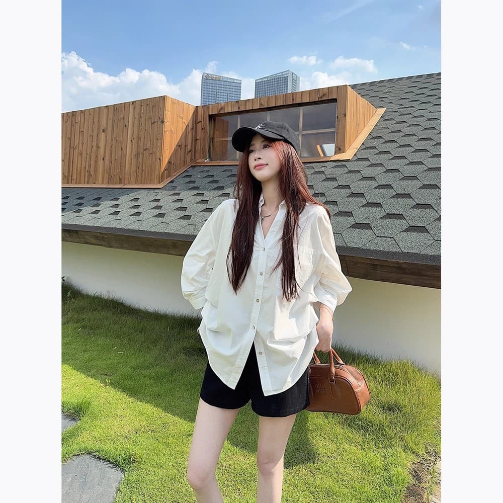 한 부서 디자인 V넥 거품 소매 화이트 셔츠 여성 의류 이른 가을 새로운 오래된 돈 바람 루즈핏 슬림해 보이는 허리 수축 맨위 상세 이미지 2