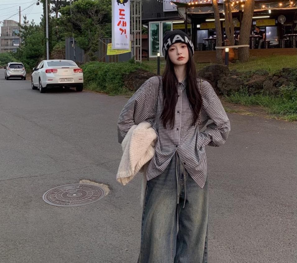 팬 지혜 조 miu 부서 블루 체크무늬 긴팔 여성 셔츠 가을 느긋한 바람 캐주얼 루즈핏 셔츠 패션 다용도 재킷 상세 이미지 4