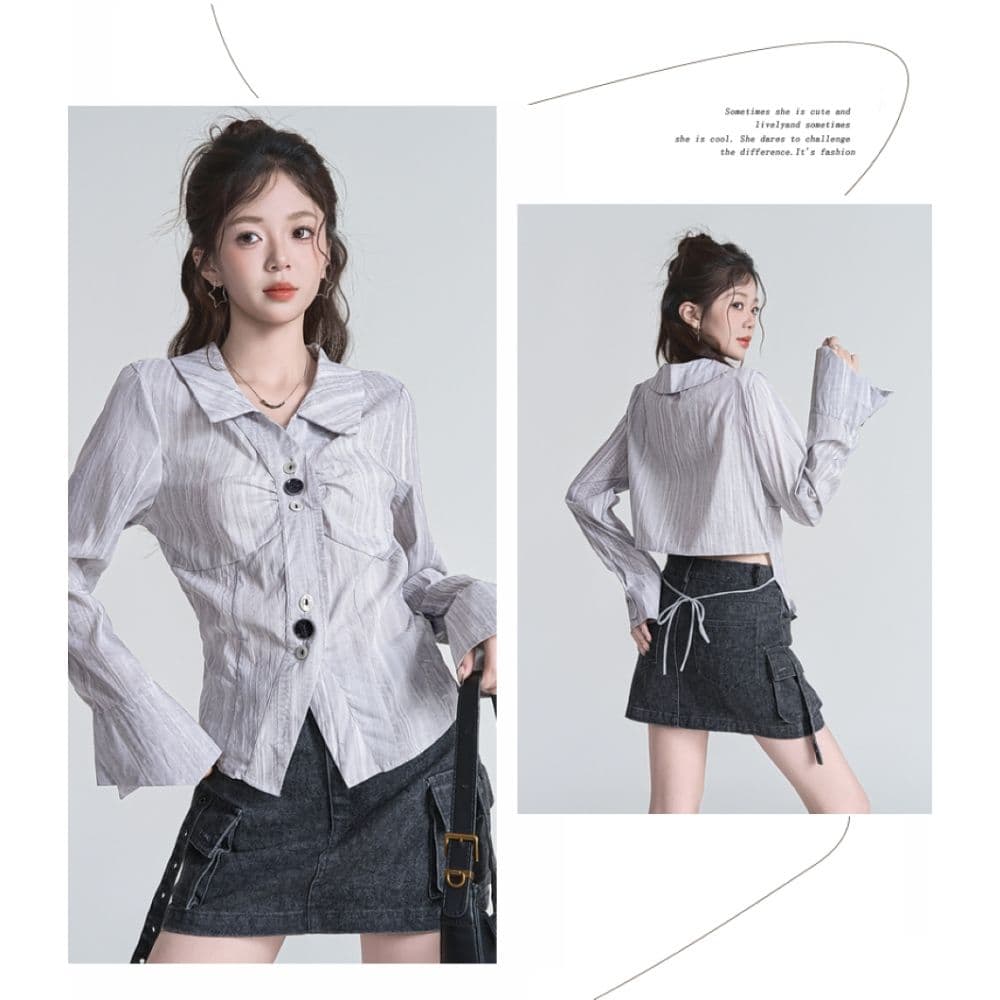 한 부서 chic 불규칙 주름 긴팔 여성 셔츠 가을 폴로 칼라 Chic 스트라이프 셔츠 파란색 슬림해 보이는 맨위 이미지 3