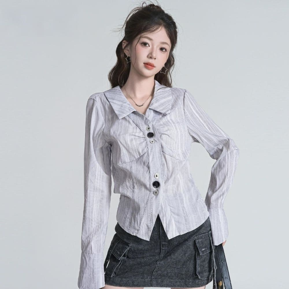 한 부서 chic 불규칙 주름 긴팔 여성 셔츠 가을 폴로 칼라 Chic 스트라이프 셔츠 파란색 슬림해 보이는 맨위 상세 이미지 1