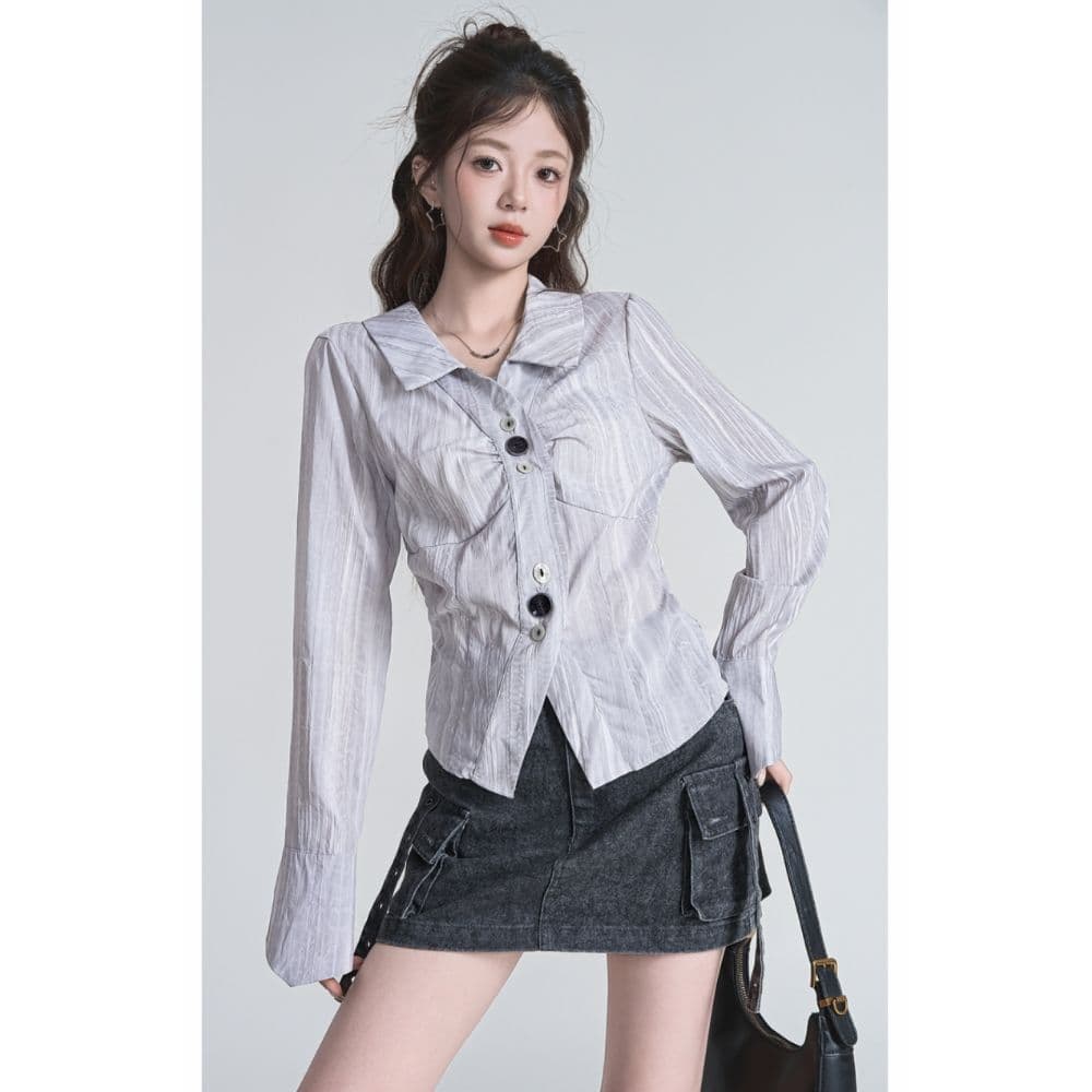 한 부서 chic 불규칙 주름 긴팔 여성 셔츠 가을 폴로 칼라 Chic 스트라이프 셔츠 파란색 슬림해 보이는 맨위 상세 이미지 2