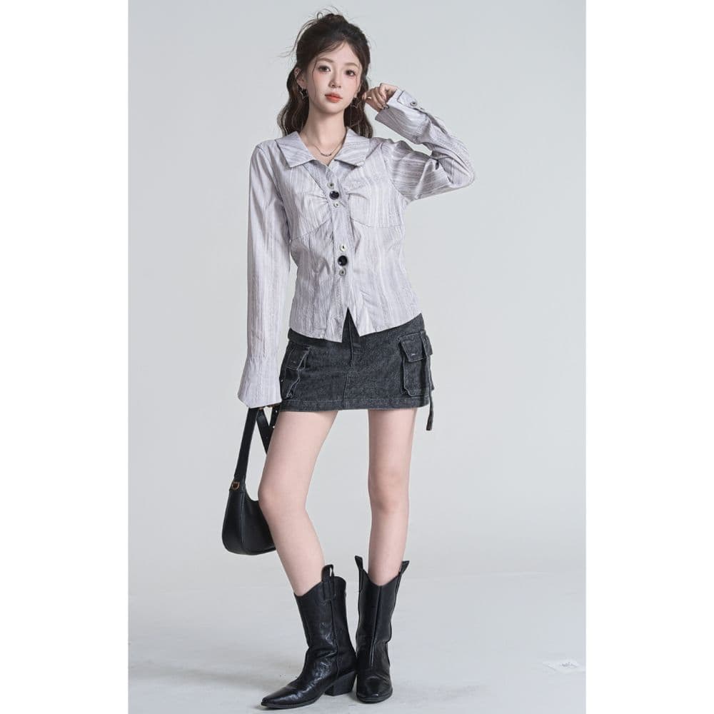 한 부서 chic 불규칙 주름 긴팔 여성 셔츠 가을 폴로 칼라 Chic 스트라이프 셔츠 파란색 슬림해 보이는 맨위 상세 이미지 4