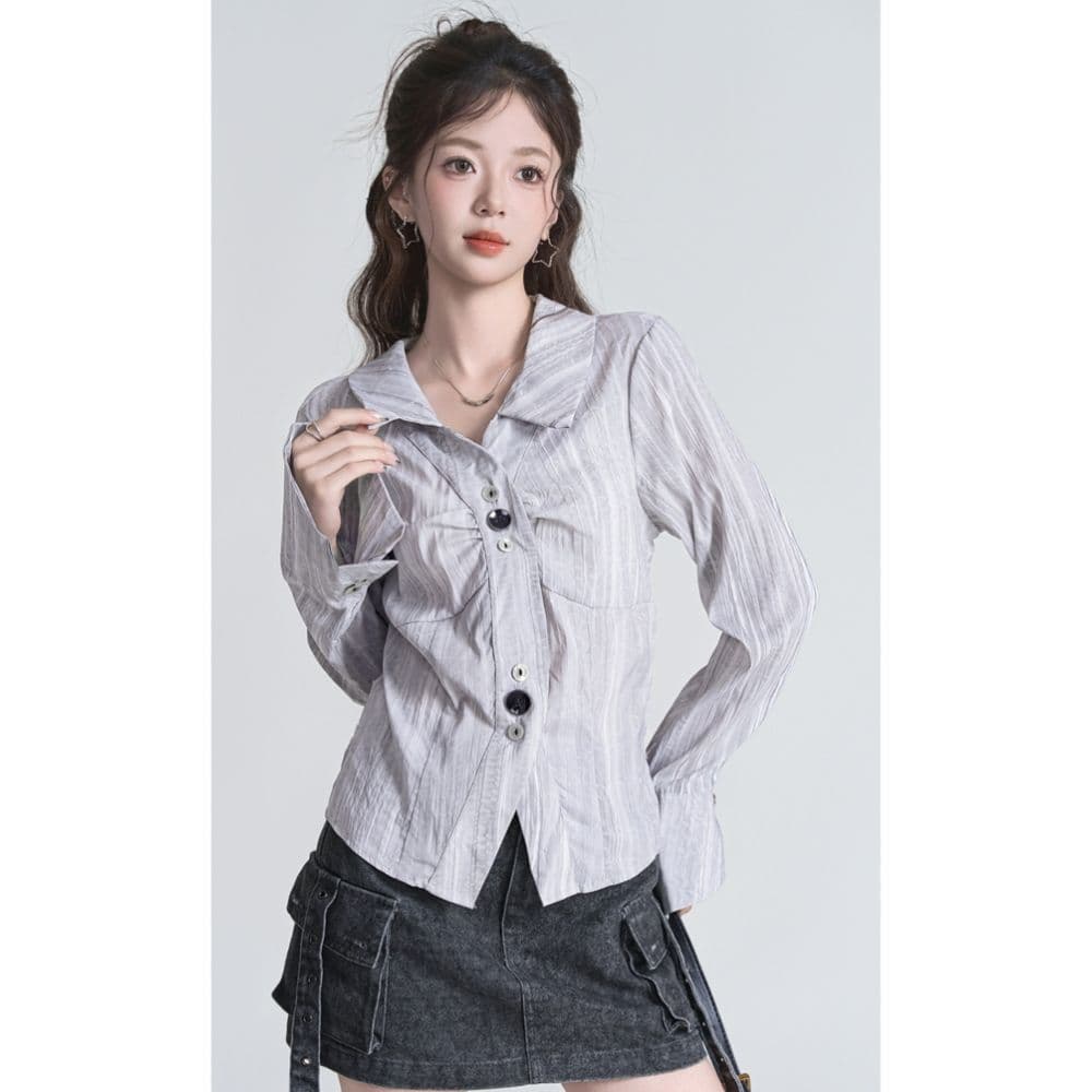 한 부서 chic 불규칙 주름 긴팔 여성 셔츠 가을 폴로 칼라 Chic 스트라이프 셔츠 파란색 슬림해 보이는 맨위 상세 이미지 6