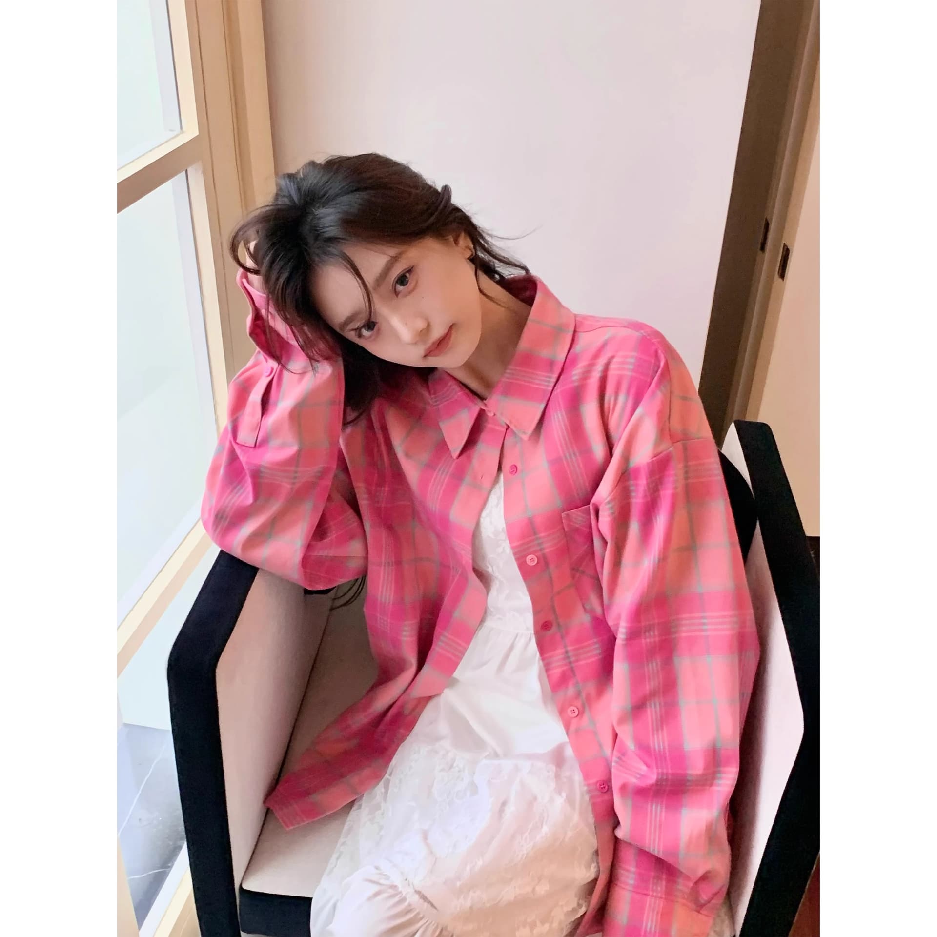 항구 바람 chic 슈퍼 잘 생긴 긴팔 체크무늬 여성 셔츠 봄 가을 얇은 스타일 루즈핏 품격 캐주얼 다용도 한국 스타일 오픈 가디건 이미지 4