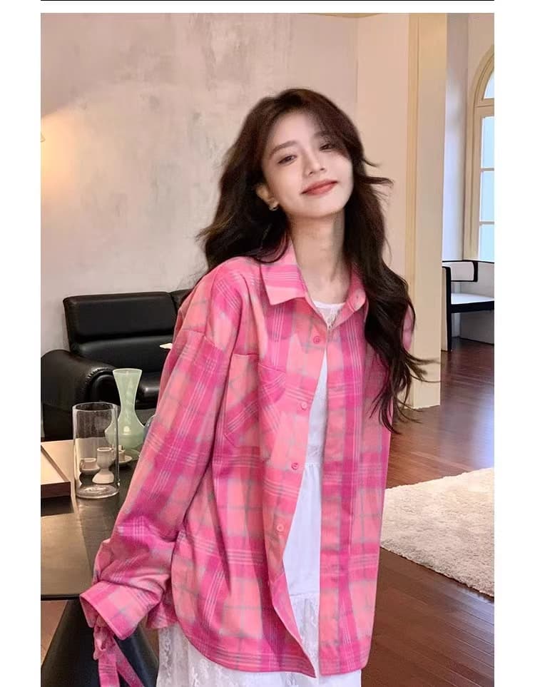 항구 바람 chic 슈퍼 잘 생긴 긴팔 체크무늬 여성 셔츠 봄 가을 얇은 스타일 루즈핏 품격 캐주얼 다용도 한국 스타일 오픈 가디건 상세 이미지 4