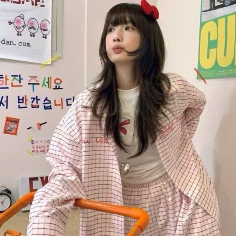 국가 조수 브랜드 핑크색 체크무늬 POLO 칼라 자외선 차단 여성 셔츠 봄 여름 오픈 가디건 디자인 센스 몸매 가꾸기 슬림해 보이는 다용도 셔츠 이미지 2