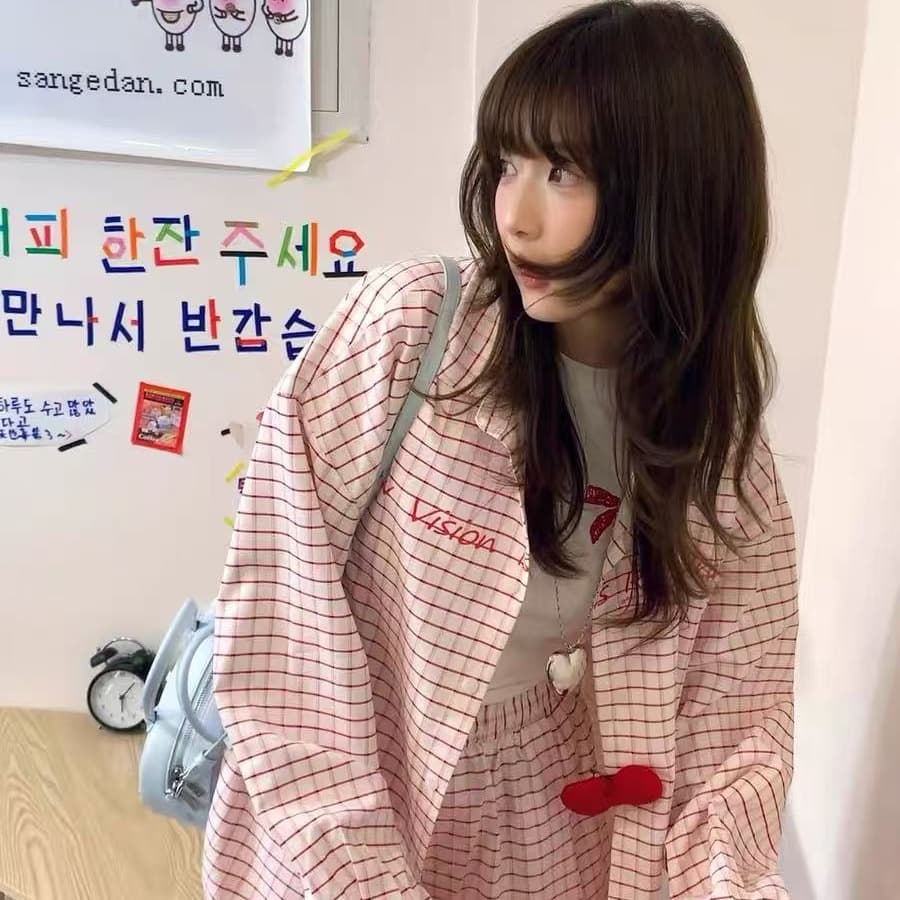 국가 조수 브랜드 핑크색 체크무늬 POLO 칼라 자외선 차단 여성 셔츠 봄 여름 오픈 가디건 디자인 센스 몸매 가꾸기 슬림해 보이는 다용도 셔츠 이미지 4