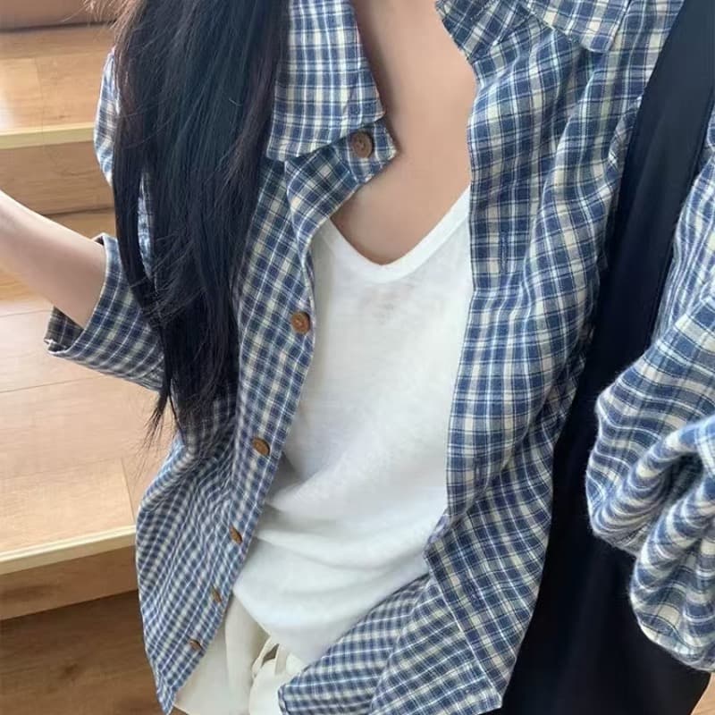 작은 대중 한 부서 체크무늬 여성 셔츠 봄 가을 새로운 다용도 루즈핏 느긋한 바람 맨위 외부 가져 가라. 체크무늬 셔츠 재킷 이미지 4