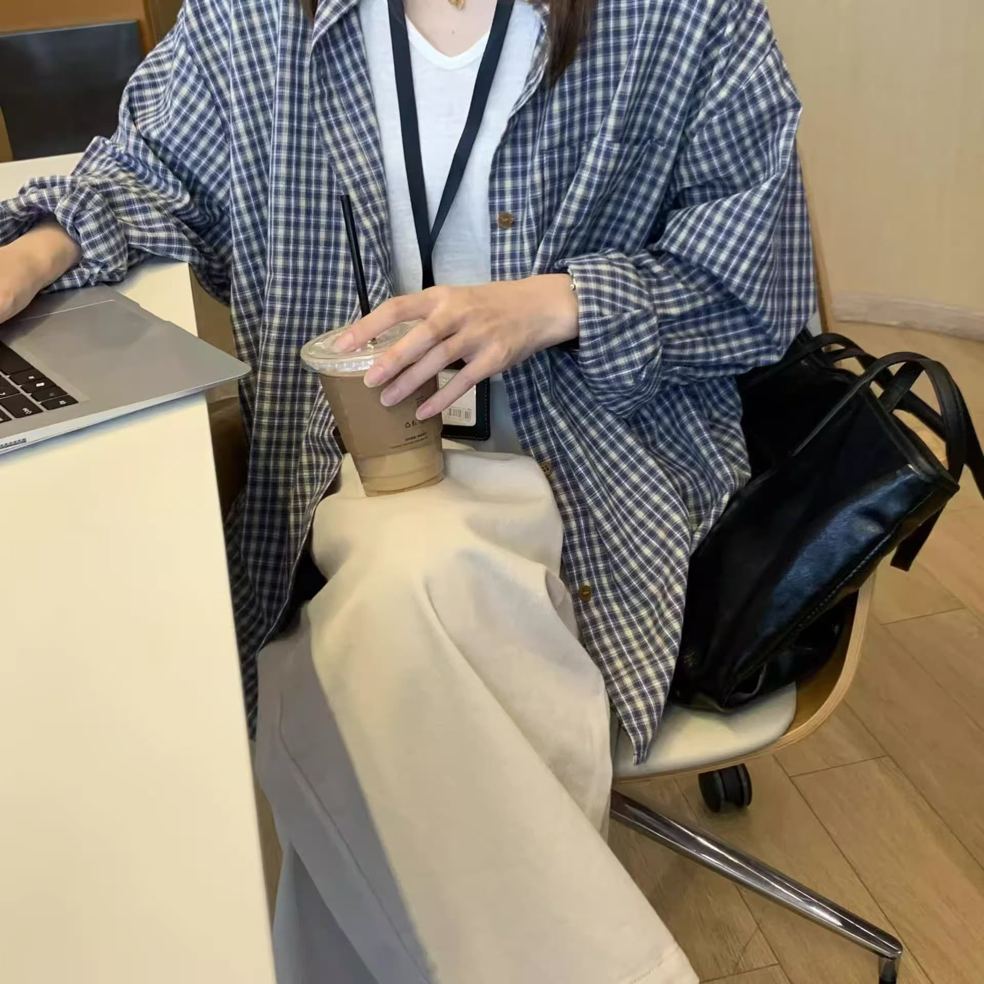 작은 대중 한 부서 체크무늬 여성 셔츠 봄 가을 새로운 다용도 루즈핏 느긋한 바람 맨위 외부 가져 가라. 체크무늬 셔츠 재킷 상세 이미지 5