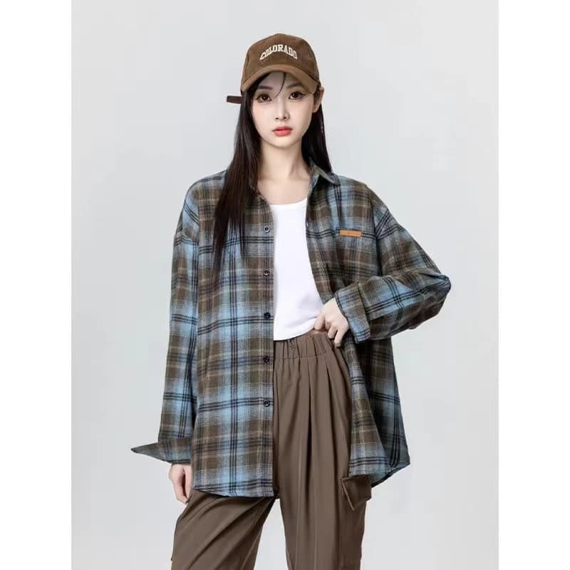 조수 브랜드 더블 색상 연삭 털 격자 무늬 셔츠 남녀 가을 레트로 아메리칸 루즈핏 긴팔 셔츠 커플 재킷 상세 이미지 1