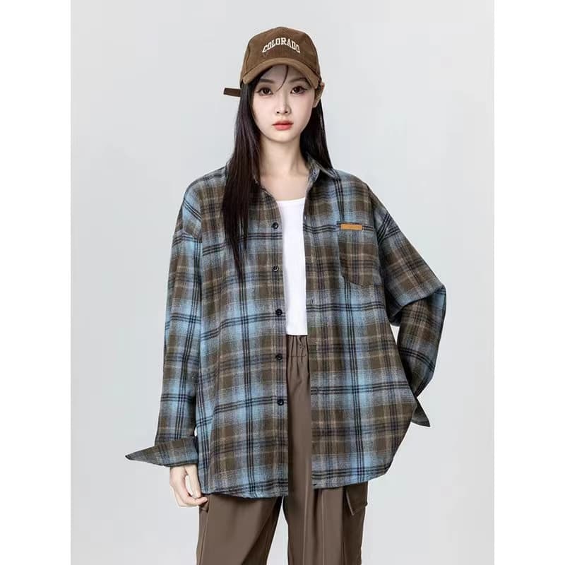 조수 브랜드 더블 색상 연삭 털 격자 무늬 셔츠 남녀 가을 레트로 아메리칸 루즈핏 긴팔 셔츠 커플 재킷 상세 이미지 2